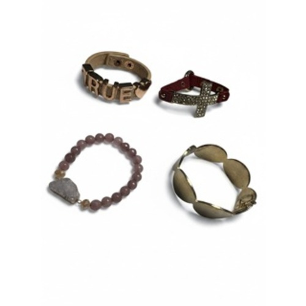 Women's Bracelet Lot 4pc Leather Cross TRUE Beaded Druzy Gold Tone Cuff Set